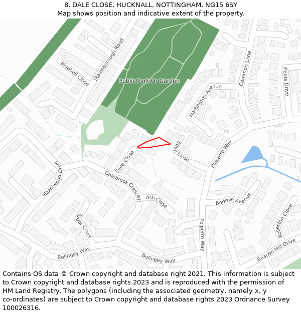 8, DALE CLOSE, HUCKNALL, NOTTINGHAM, NG15 6SY: Location map and indicative extent of plot