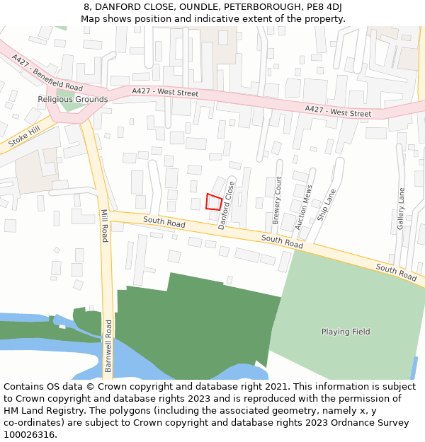 8, DANFORD CLOSE, OUNDLE, PETERBOROUGH, PE8 4DJ: Location map and indicative extent of plot