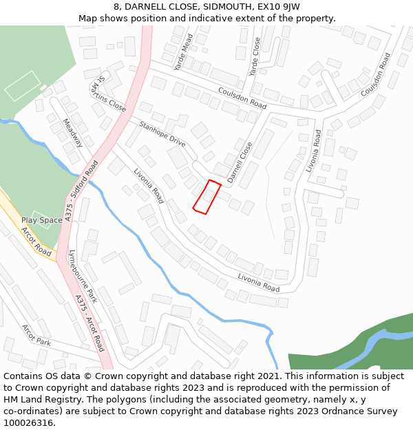 8, DARNELL CLOSE, SIDMOUTH, EX10 9JW: Location map and indicative extent of plot