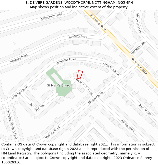 8, DE VERE GARDENS, WOODTHORPE, NOTTINGHAM, NG5 4PH: Location map and indicative extent of plot