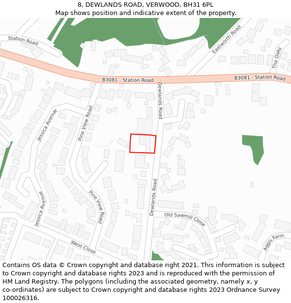 8, DEWLANDS ROAD, VERWOOD, BH31 6PL: Location map and indicative extent of plot