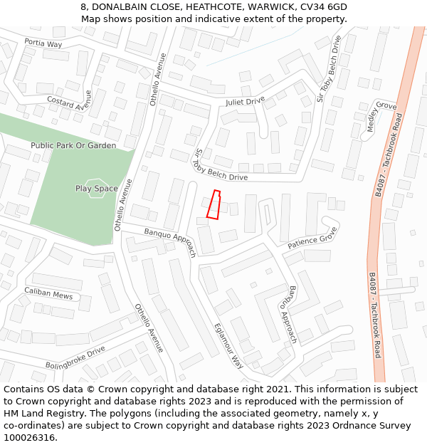 8, DONALBAIN CLOSE, HEATHCOTE, WARWICK, CV34 6GD: Location map and indicative extent of plot