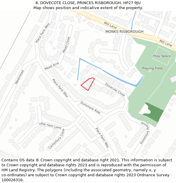 8, DOVECOTE CLOSE, PRINCES RISBOROUGH, HP27 9JU: Location map and indicative extent of plot