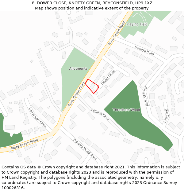 8, DOWER CLOSE, KNOTTY GREEN, BEACONSFIELD, HP9 1XZ: Location map and indicative extent of plot