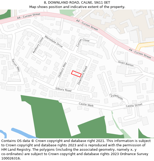8, DOWNLAND ROAD, CALNE, SN11 0ET: Location map and indicative extent of plot