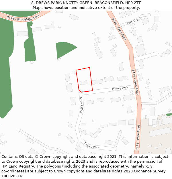 8, DREWS PARK, KNOTTY GREEN, BEACONSFIELD, HP9 2TT: Location map and indicative extent of plot