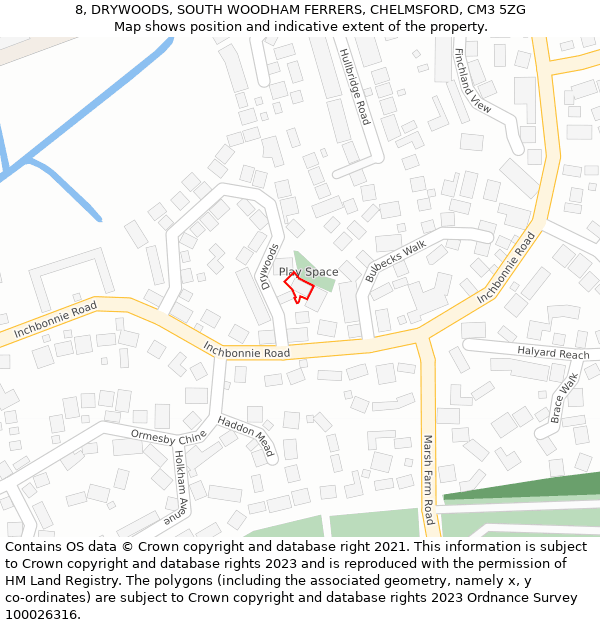 8, DRYWOODS, SOUTH WOODHAM FERRERS, CHELMSFORD, CM3 5ZG: Location map and indicative extent of plot