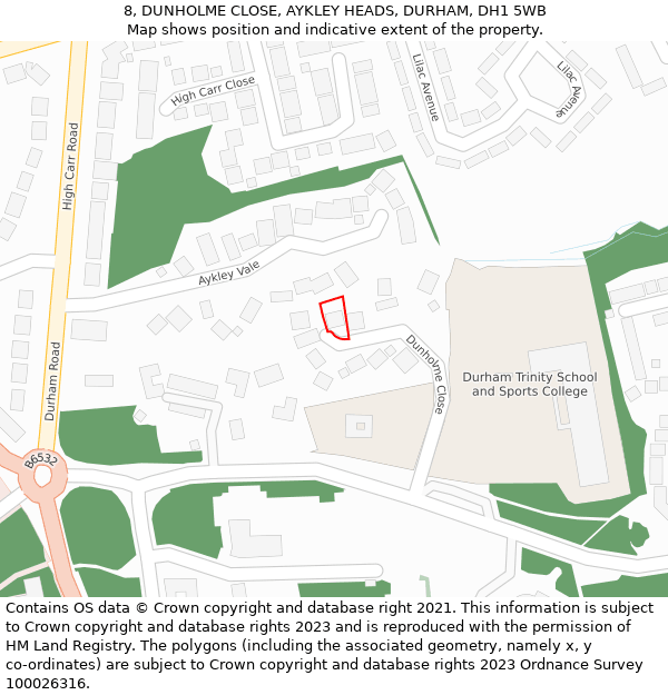 8, DUNHOLME CLOSE, AYKLEY HEADS, DURHAM, DH1 5WB: Location map and indicative extent of plot