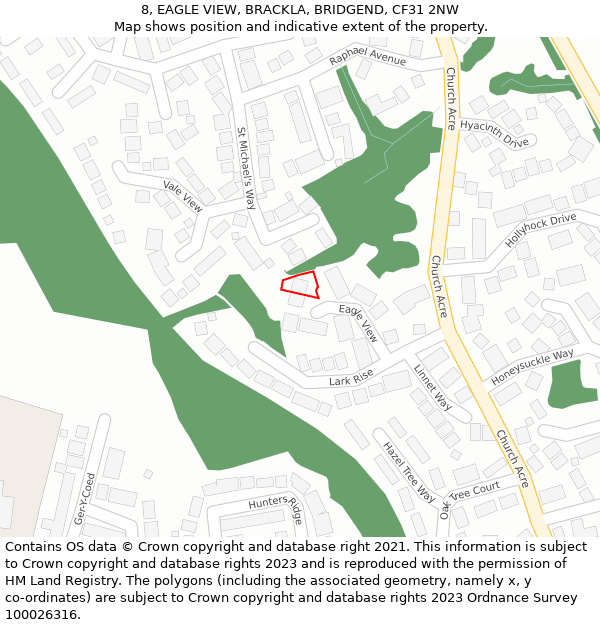 8, EAGLE VIEW, BRACKLA, BRIDGEND, CF31 2NW: Location map and indicative extent of plot