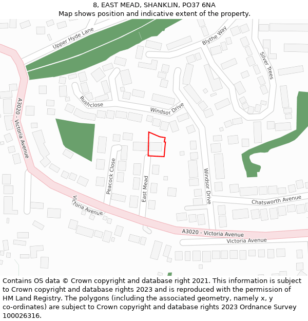 8, EAST MEAD, SHANKLIN, PO37 6NA: Location map and indicative extent of plot