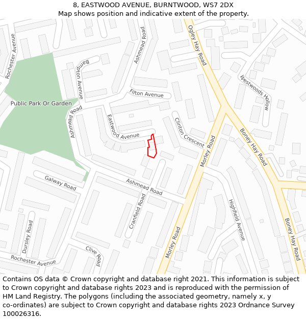 8, EASTWOOD AVENUE, BURNTWOOD, WS7 2DX: Location map and indicative extent of plot