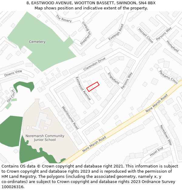 8, EASTWOOD AVENUE, WOOTTON BASSETT, SWINDON, SN4 8BX: Location map and indicative extent of plot