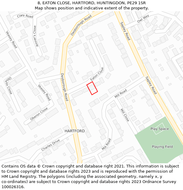 8, EATON CLOSE, HARTFORD, HUNTINGDON, PE29 1SR: Location map and indicative extent of plot