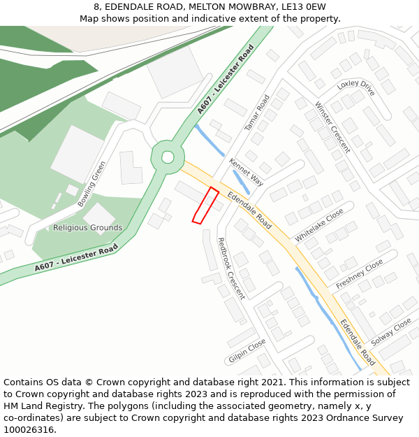 8, EDENDALE ROAD, MELTON MOWBRAY, LE13 0EW: Location map and indicative extent of plot