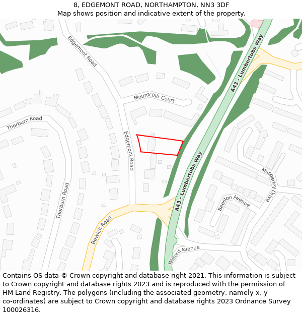 8, EDGEMONT ROAD, NORTHAMPTON, NN3 3DF: Location map and indicative extent of plot