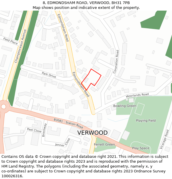 8, EDMONDSHAM ROAD, VERWOOD, BH31 7PB: Location map and indicative extent of plot