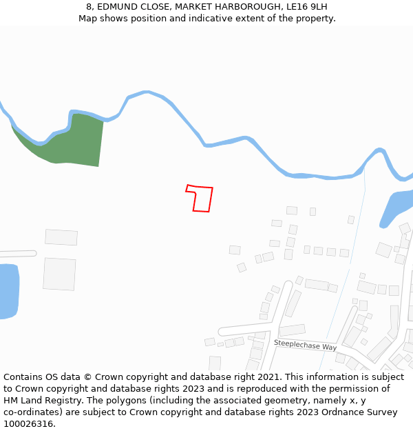 8, EDMUND CLOSE, MARKET HARBOROUGH, LE16 9LH: Location map and indicative extent of plot