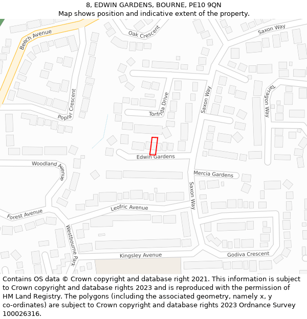 8, EDWIN GARDENS, BOURNE, PE10 9QN: Location map and indicative extent of plot