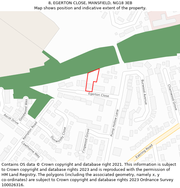 8, EGERTON CLOSE, MANSFIELD, NG18 3EB: Location map and indicative extent of plot