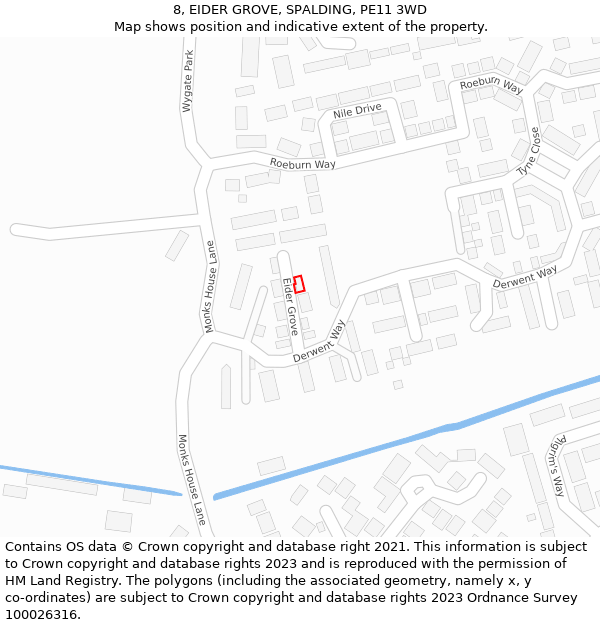 8, EIDER GROVE, SPALDING, PE11 3WD: Location map and indicative extent of plot