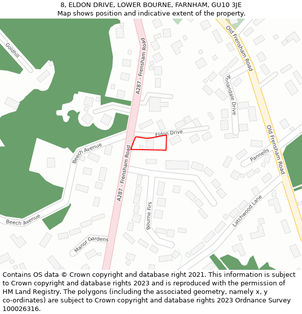 8, ELDON DRIVE, LOWER BOURNE, FARNHAM, GU10 3JE: Location map and indicative extent of plot