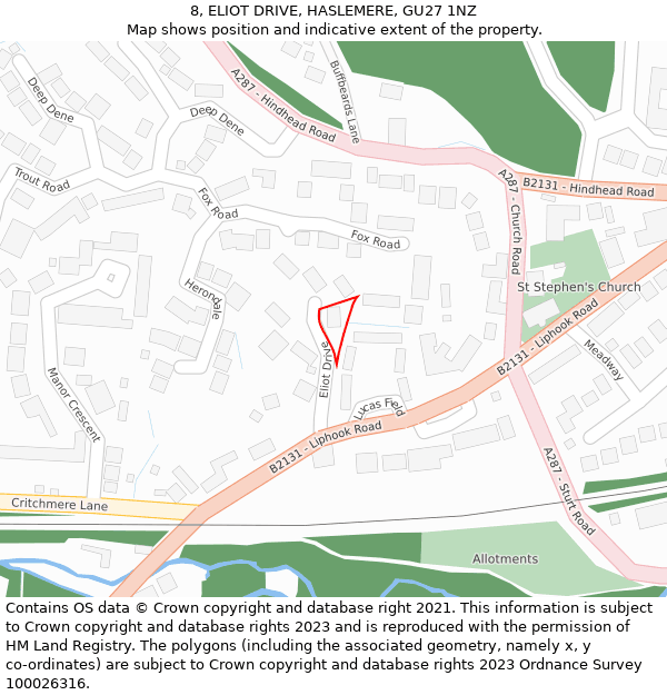 8, ELIOT DRIVE, HASLEMERE, GU27 1NZ: Location map and indicative extent of plot