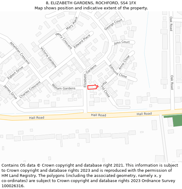 8, ELIZABETH GARDENS, ROCHFORD, SS4 1FX: Location map and indicative extent of plot