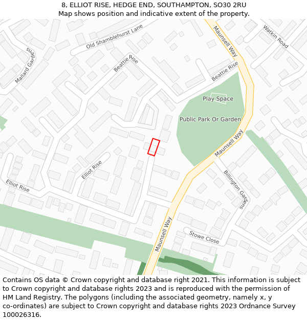 8, ELLIOT RISE, HEDGE END, SOUTHAMPTON, SO30 2RU: Location map and indicative extent of plot