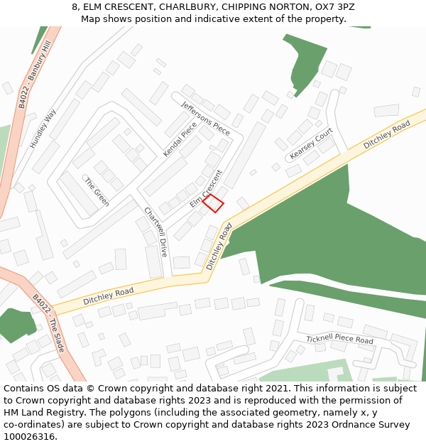 8, ELM CRESCENT, CHARLBURY, CHIPPING NORTON, OX7 3PZ: Location map and indicative extent of plot