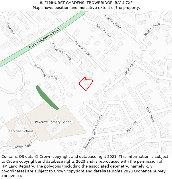 8, ELMHURST GARDENS, TROWBRIDGE, BA14 7XF: Location map and indicative extent of plot