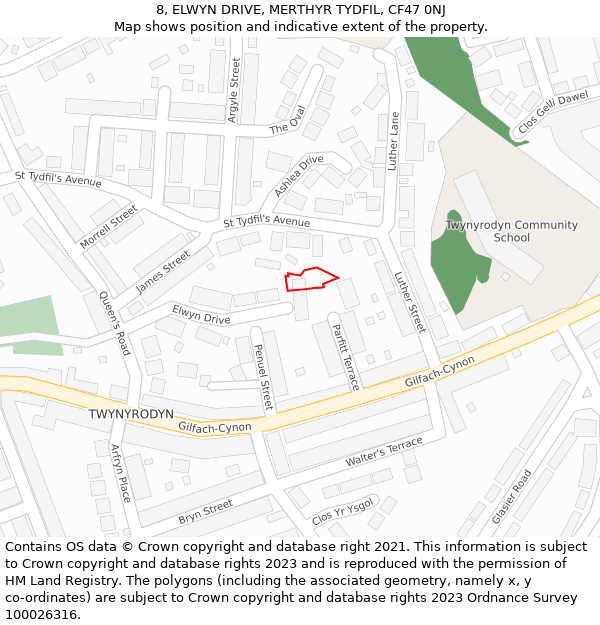 8, ELWYN DRIVE, MERTHYR TYDFIL, CF47 0NJ: Location map and indicative extent of plot