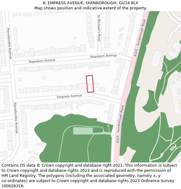 8, EMPRESS AVENUE, FARNBOROUGH, GU14 8LX: Location map and indicative extent of plot