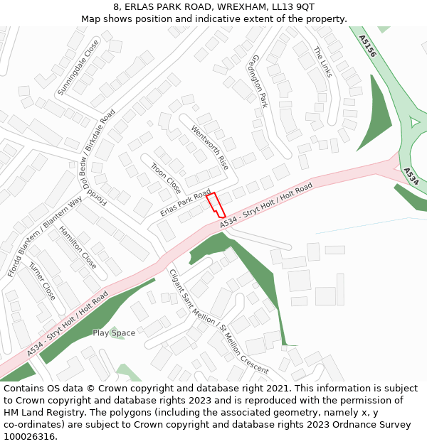 8, ERLAS PARK ROAD, WREXHAM, LL13 9QT: Location map and indicative extent of plot