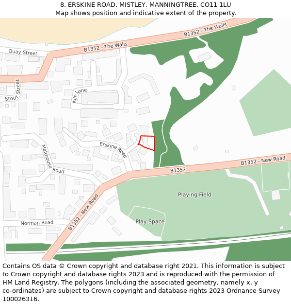 8, ERSKINE ROAD, MISTLEY, MANNINGTREE, CO11 1LU: Location map and indicative extent of plot