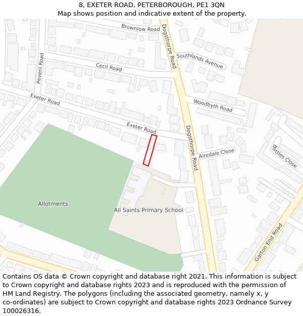 8, EXETER ROAD, PETERBOROUGH, PE1 3QN: Location map and indicative extent of plot
