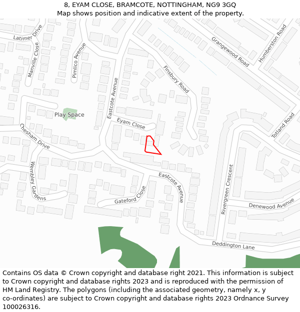 8, EYAM CLOSE, BRAMCOTE, NOTTINGHAM, NG9 3GQ: Location map and indicative extent of plot