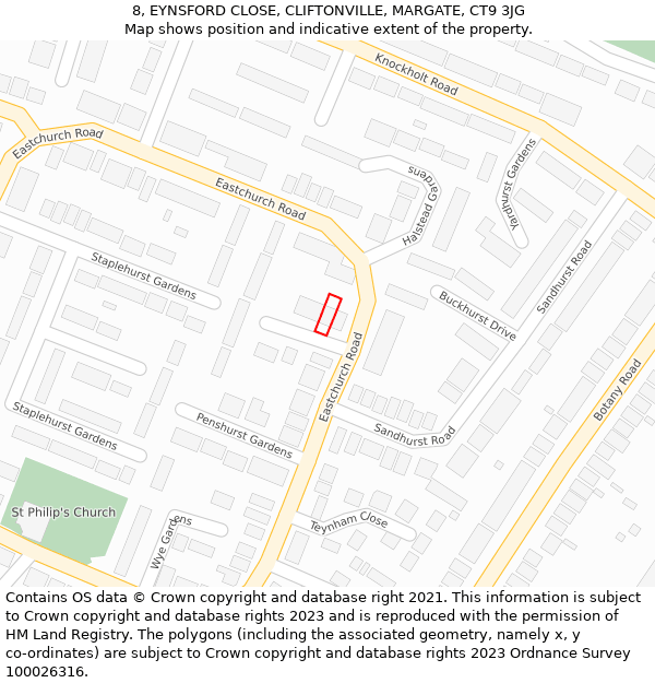 8, EYNSFORD CLOSE, CLIFTONVILLE, MARGATE, CT9 3JG: Location map and indicative extent of plot