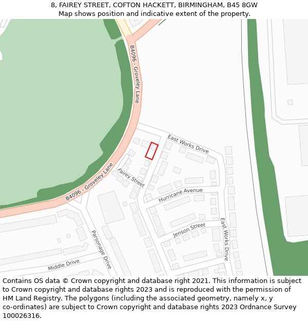 8, FAIREY STREET, COFTON HACKETT, BIRMINGHAM, B45 8GW: Location map and indicative extent of plot