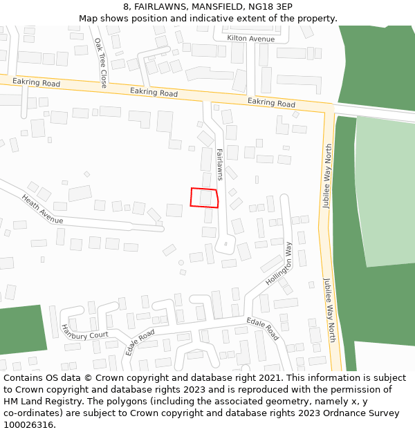 8, FAIRLAWNS, MANSFIELD, NG18 3EP: Location map and indicative extent of plot