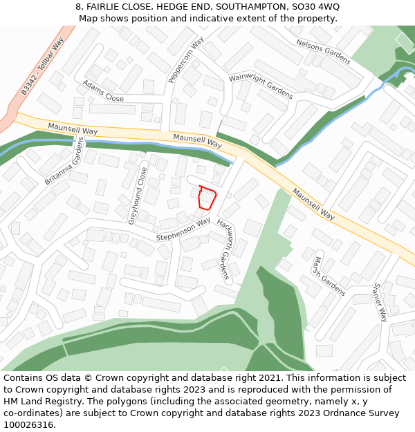 8, FAIRLIE CLOSE, HEDGE END, SOUTHAMPTON, SO30 4WQ: Location map and indicative extent of plot