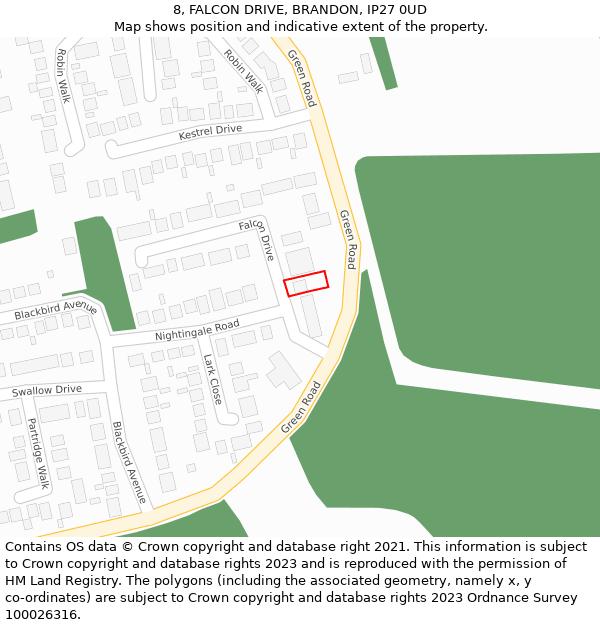 8, FALCON DRIVE, BRANDON, IP27 0UD: Location map and indicative extent of plot