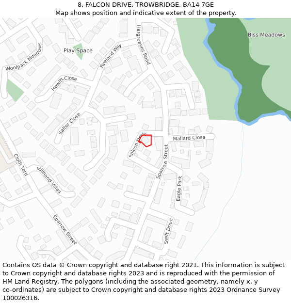 8, FALCON DRIVE, TROWBRIDGE, BA14 7GE: Location map and indicative extent of plot