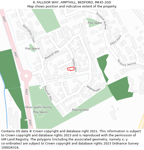 8, FALLDOR WAY, AMPTHILL, BEDFORD, MK45 2GD: Location map and indicative extent of plot