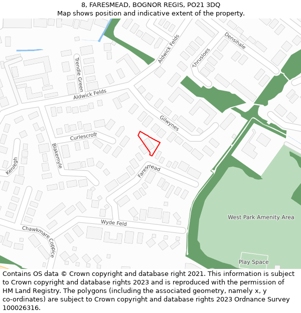 8, FARESMEAD, BOGNOR REGIS, PO21 3DQ: Location map and indicative extent of plot