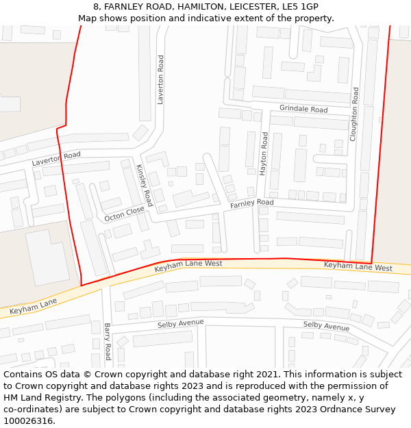 8, FARNLEY ROAD, HAMILTON, LEICESTER, LE5 1GP: Location map and indicative extent of plot
