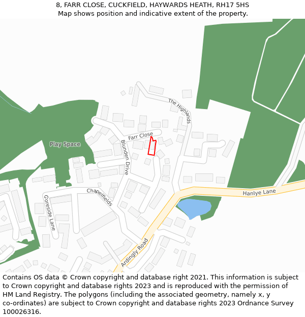 8, FARR CLOSE, CUCKFIELD, HAYWARDS HEATH, RH17 5HS: Location map and indicative extent of plot