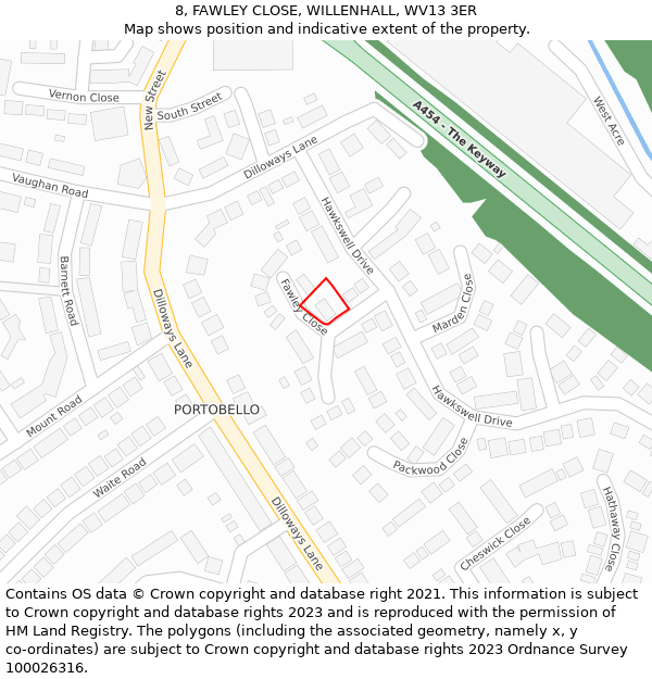 8, FAWLEY CLOSE, WILLENHALL, WV13 3ER: Location map and indicative extent of plot