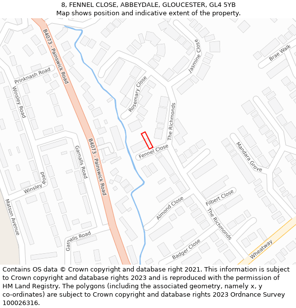 8, FENNEL CLOSE, ABBEYDALE, GLOUCESTER, GL4 5YB: Location map and indicative extent of plot