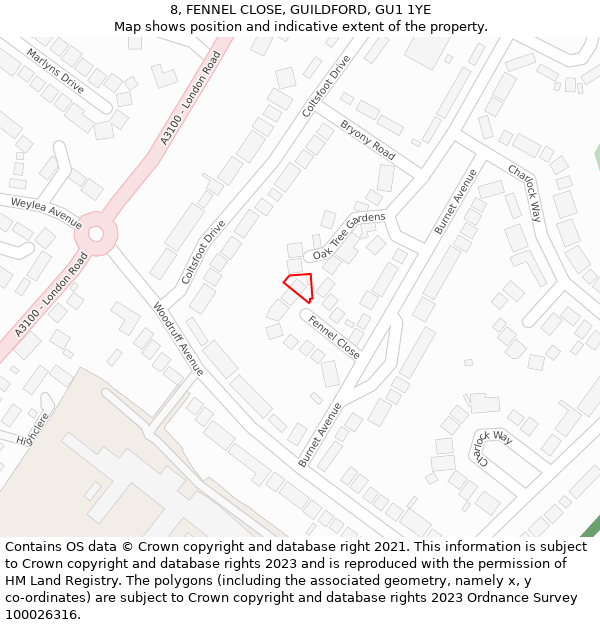 8, FENNEL CLOSE, GUILDFORD, GU1 1YE: Location map and indicative extent of plot