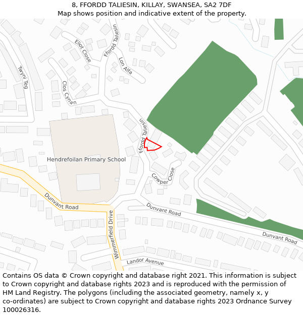 8, FFORDD TALIESIN, KILLAY, SWANSEA, SA2 7DF: Location map and indicative extent of plot